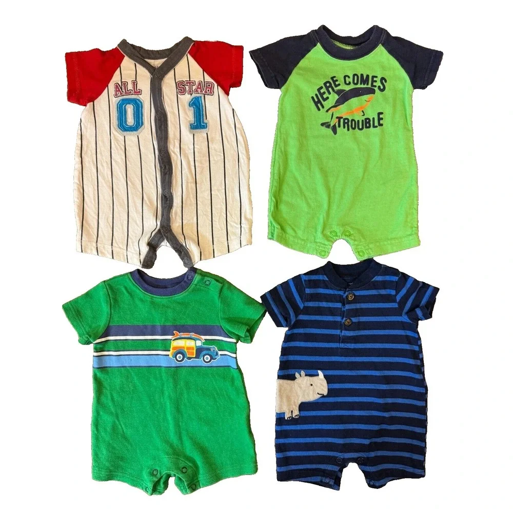 Carters Baby Boy 0/3 Mo‎ Outfits Rompers Clothes Lot Bundle Summer Trouble Rhino